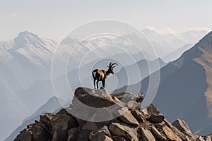 ibex surveying its territory from high cliff, with distant mountains in the background