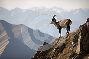 ibex surveying its territory from high cliff, with distant mountains in the background