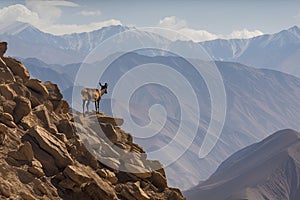 ibex surveying its territory from high cliff, with distant mountains in the background