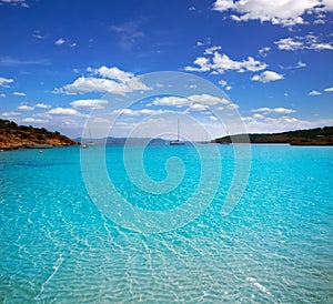 Ibiza Cala Bassa beach with turquoise Mediterranean