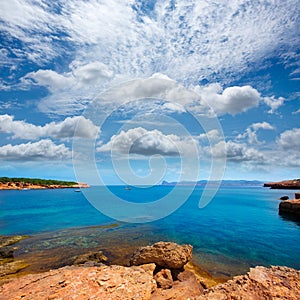 Ibiza Cala Bassa beach with turquoise Mediterranean