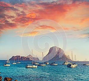 Ibiza cala d Hort with Es Vedra islet sunset
