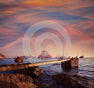 Ibiza cala d Hort with Es Vedra islet sunset photo