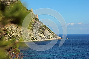 Ibiza coast at clear blue sky