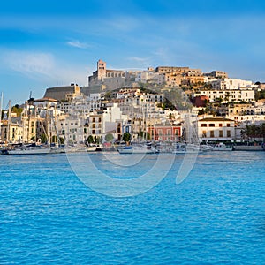 Ibiza Eivissa town with blue Mediterranean