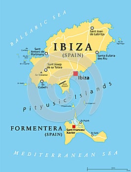 Ibiza and Formentera Island, Spain, political map, the Pityusic Islands
