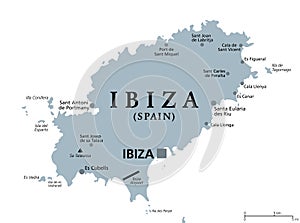 Ibiza, gray political map, part of the Balearic Islands, Spain