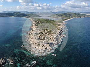 Ibiza island. Aerial view of Ses Salines Natural Park, Ibiza. Spain.