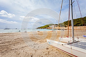 Panoramic view of Ibiza beach near Pacha, Ibiza island