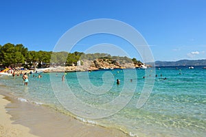 IBIZA, SPAIN - SEPTEMBER 2016: amazing crystalline water of Cala Bassa beach, Ibiza, Spain