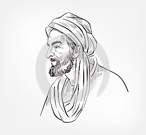 Ibn Sina, also known as Abu Ali Sina, Pour Sina Persian polymath medical scientist vector sketch illustration