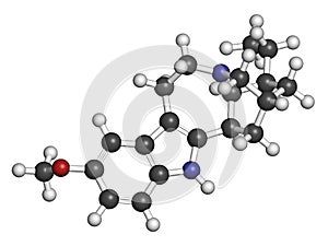 Ibogaine alkaloid molecule, found in Tabernanthe iboga. 3D rendering. Atoms are represented as spheres with conventional color photo