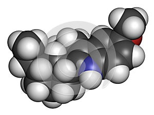 Ibogaine alkaloid molecule, found in Tabernanthe iboga. 3D rendering. Atoms are represented as spheres with conventional color photo