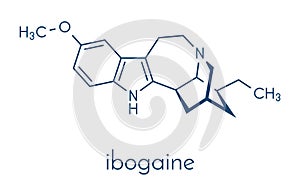 Ibogaine alkaloid molecule, found in Tabernanthe iboga. Skeletal formula.