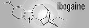 Ibogaine alkaloid molecule, found in Tabernanthe iboga. Skeletal formula.
