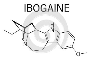 Ibogaine alkaloid molecule, found in Tabernanthe iboga. Skeletal formula.