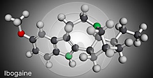 Ibogaine molecule. It is monoterpenoid indole alkaloid, psychoactive substance, hallucinogen, psychedelic. Molecular model. 3D