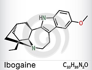 Ibogaine molecule. It is monoterpenoid indole alkaloid, psychoactive substance, hallucinogen, psychedelic. Skeletal chemical