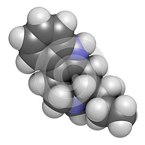 Ibogamine alkaloid molecule, found in Tabernanthe iboga. 3D rendering. Atoms are represented as spheres with conventional color