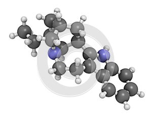 Ibogamine alkaloid molecule, found in Tabernanthe iboga. 3D rendering. Atoms are represented as spheres with conventional color