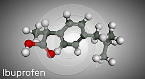 Ibuprofen molecule, is a nonsteroidal anti-inflammatory drug NSAID drug. Molecule model. Ball and stick
