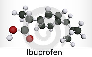 Ibuprofen molecule, is a nonsteroidal anti-inflammatory drug NSAID drug. Molecule model. Ball and stick