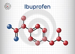 Ibuprofen molecule, is a nonsteroidal anti-inflammatory drug NSAID drug. Molecule model. Sheet of paper in a cage