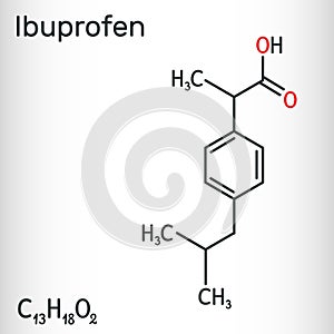 Ibuprofen molecule, is a nonsteroidal anti-inflammatory drug NSAID drug. Structural chemical formula
