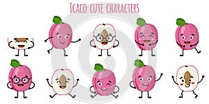 Icaco fruit cute funny cheerful characters with different poses and emotions