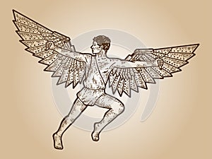 Icarus, a guy with steel wings. Apparel print design. Scratch board imitation. Sepia vintage hand drawn image.