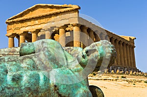 Icarus statue in front of Temple of Concordia at Agrigento Valley of the Temple, Sicily