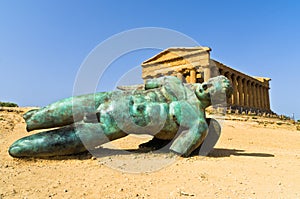 Icarus statue in front of Temple of Concordia at Agrigento Valley of the Temple, Sicily