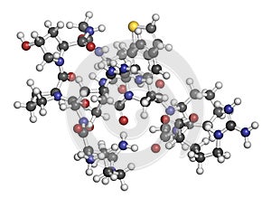 Icatibant hereditary angioedema drug molecule (orphan drug). Atoms are represented as spheres with conventional color coding: