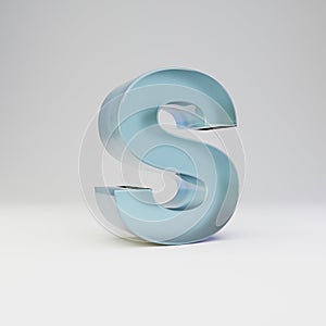 Ice 3d letter S uppercase. Transparent ice font with glossy reflections and shadow isolated on white background