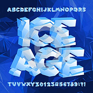 Ice age alphabet font. Frozen 3d letters and numbers on blue polygonal background.