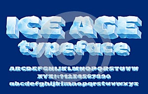 Ice Age alphabet typeface. 3D ice letters and numbers. Uppercase and lowercase.