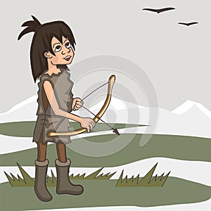 Ice age hunter with bow and arrow vector cartoon