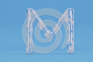 Ice alphabet M on blue background include path.3D illustration.