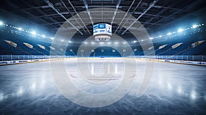 An ice arena, an empty hockey rink with stands.