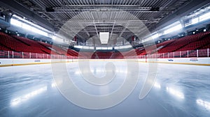 An ice arena, an empty hockey rink with stands.