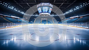 An ice arena, an empty hockey rink with stands.