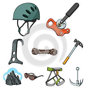 Ice ax, conquered top, mountains in the clouds and other equipment for mountaineering.Mountaineering set collection