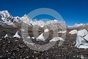 Ice on Baltoro glacier with Masherbrum nountain background, K2 t