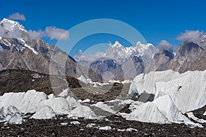 Ice on Baltoro glacier with Paiju peak background, K2 trek, Pakistan