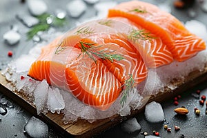 Ice bedded raw salmon fillet, a pristine presentation for seafood enthusiasts