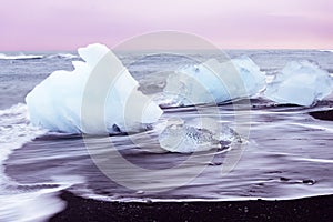 Ice on the black beach of Jokulsarlon, Iceland