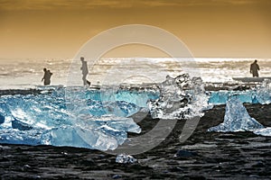 Ice on the black beach near Jokulsarlon glacier lagoon, daimond beach, Iceland