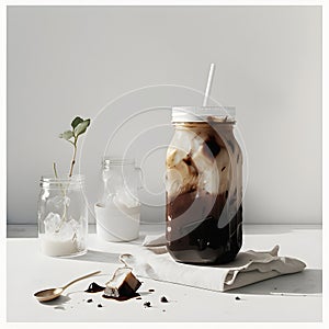 The ice of a black coffee cup on a jar glass with milk on white marble background. square image ,  Generative AI