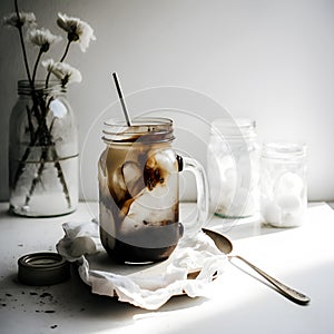 The ice of a black coffee cup on a jar glass with milk on white marble background. square image ,  Generative AI