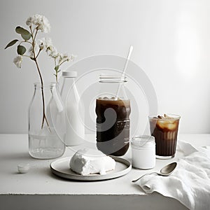 The ice of a black coffee cup on a jar glass with milk on white marble background. square image , Generative AI